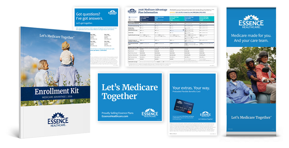 26_BrokerBeat_SalesMaterialCollage collage of Essence Healthcare sales materials