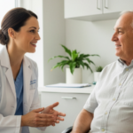 female doctor discussing with older adult male patient in a medical office setting